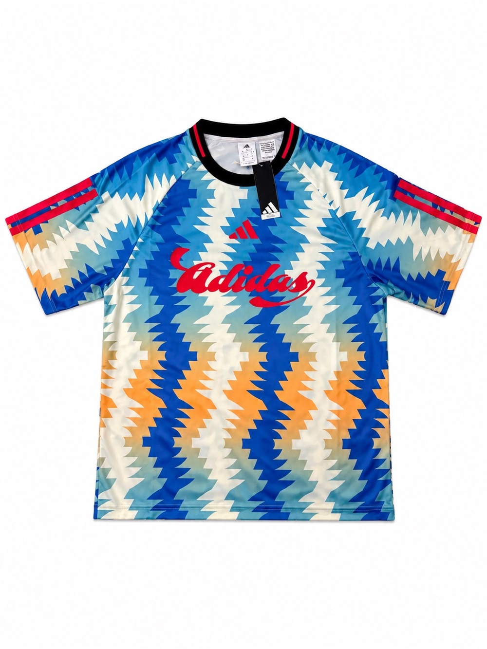 adidas Blue Multi Zigzag Short-Sleeve Graphic Tee with Red Logo